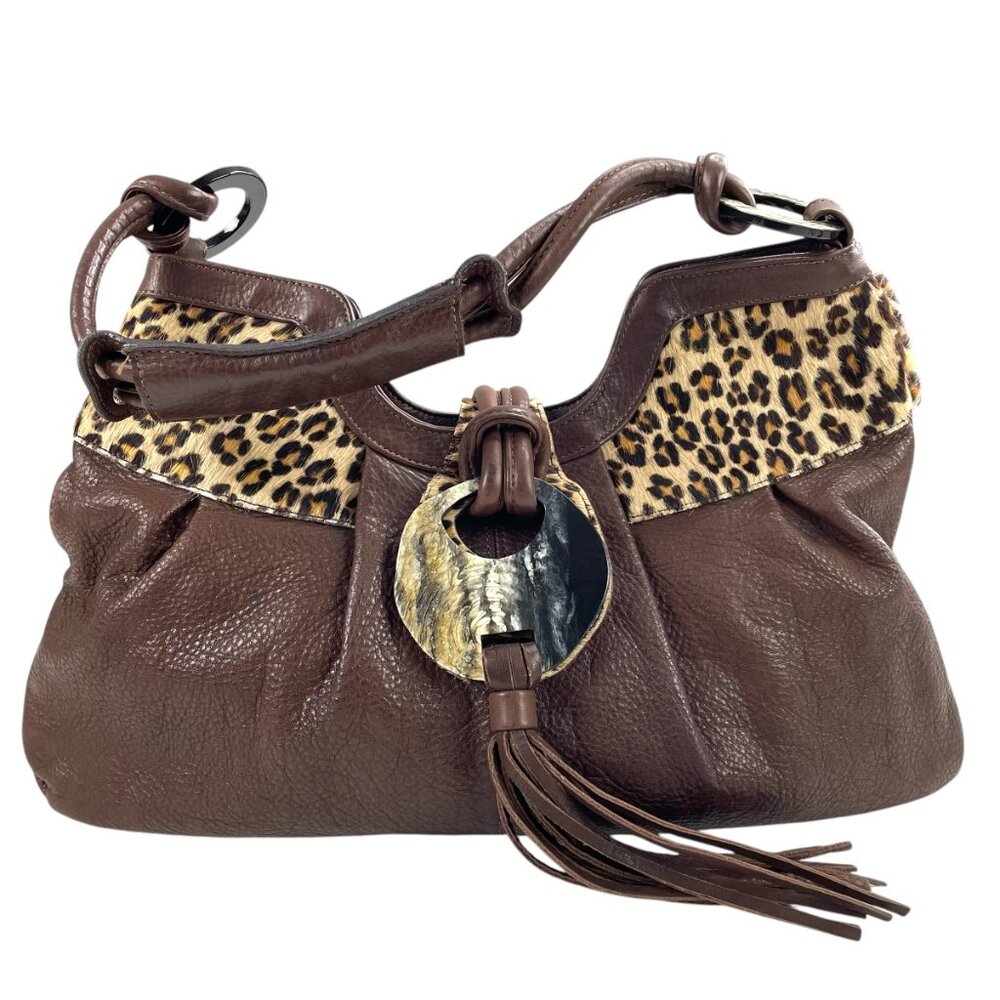 Pietro Alessandro Brown Leather Shoulder Bag with Leopard Accent